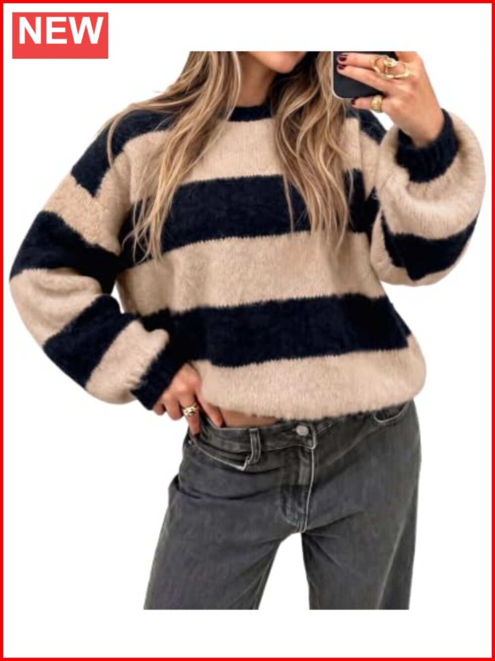 Oversized Striped Fuzzy Knit Pullover Sweater Lantern Sleeve